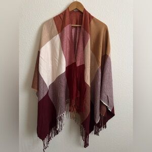 Medium Weight Color Block Wrap Shawl Rust Camel Cream Fringe